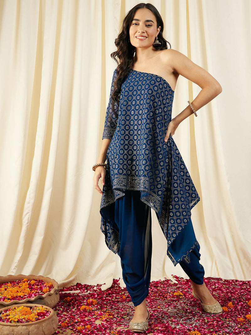 One Shoulder Assymettric Top with Dhoti Pants in Blue Color