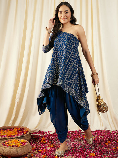 One Shoulder Assymettric Top with Dhoti Pants in Blue Color