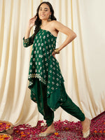 One Shoulder Assymettric Top with Dhoti Pants in Green Color