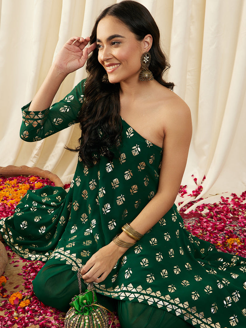 One Shoulder Assymettric Top with Dhoti Pants in Green Color