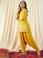 Short Kurta with Low Crotch Dhoti in Yellow Color