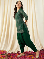 Short Kurta with Low Crotch Dhoti in Green Color