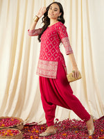 Short Kurta with Low Crotch Dhoti in Magenta Color