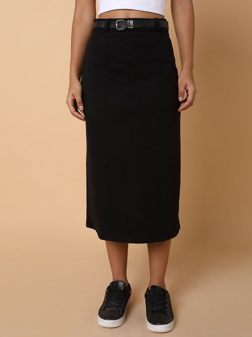 Women Solid Black Midi Skirt with Belt-2565-Black