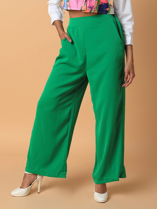 Women Flat Front Solid Green Trousers-2572-Green