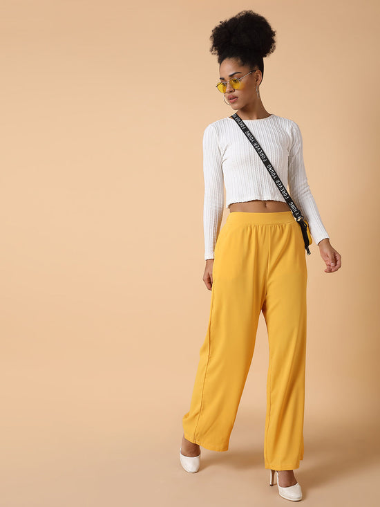 Women Flat Front Solid Mustard Trousers-2572-Mustard