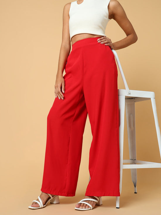 Women Solid Red Trouser-2572-Red