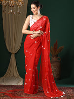 Saree Mall Women's Georgette Red Embroidered Designer Saree With Blouse Piece-25KAVI2503