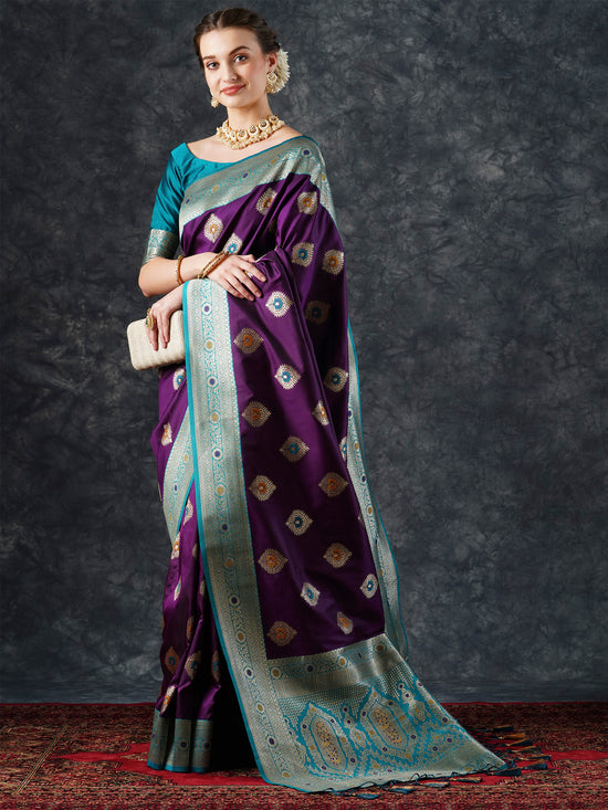 Saree Mall Women's  Blend Purple Woven Design Designer Saree With Blouse Piece-25PAKHI2502