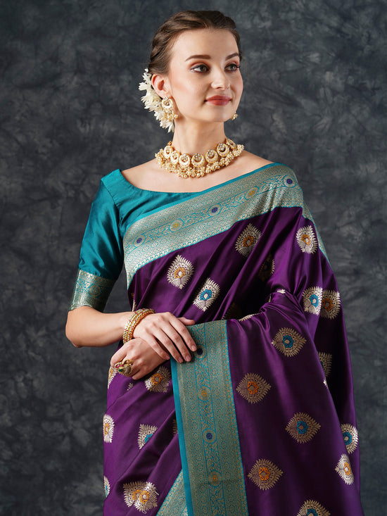 Saree Mall Women's  Blend Purple Woven Design Designer Saree With Blouse Piece-25PAKHI2502