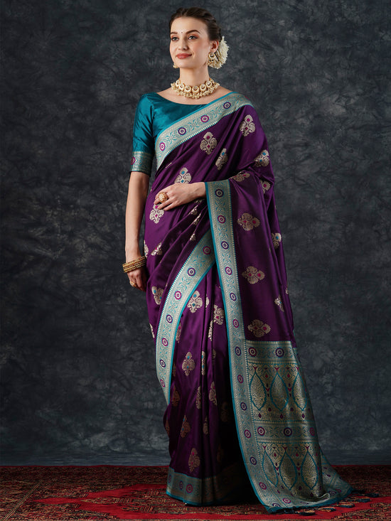 Saree Mall Women's  Blend Purple Woven Design Designer Saree With Blouse Piece-25PAKHI2503