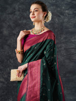 Saree Mall Women's  Blend Green Woven Design Designer Saree With Blouse Piece-25PAKHI2504