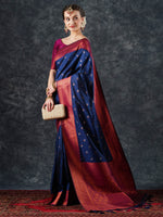 Saree Mall Women's  Blend Navy Blue Woven Design Designer Saree With Blouse Piece-25PAKHI2506