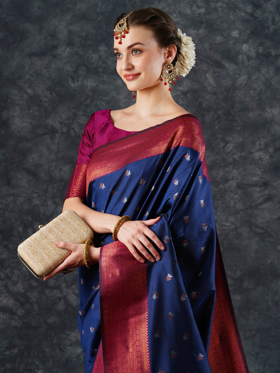 Saree Mall Women's  Blend Navy Blue Woven Design Designer Saree With Blouse Piece-25PAKHI2506