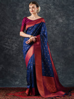 Saree Mall Women's  Blend Navy Blue Woven Design Designer Saree With Blouse Piece-25PAKHI2506