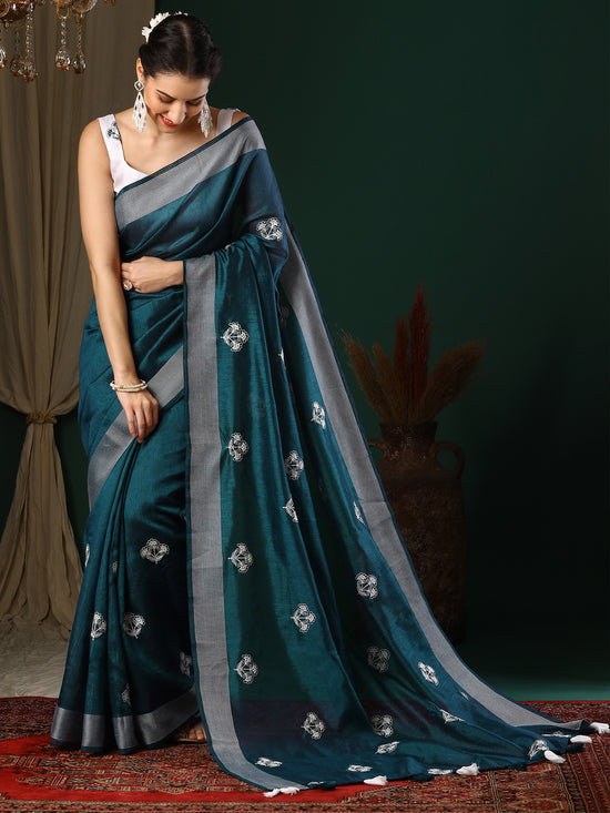 Saree Mall Women's Art  Teal Blue Embroidered Designer Saree With Blouse Piece-26KAVI2601