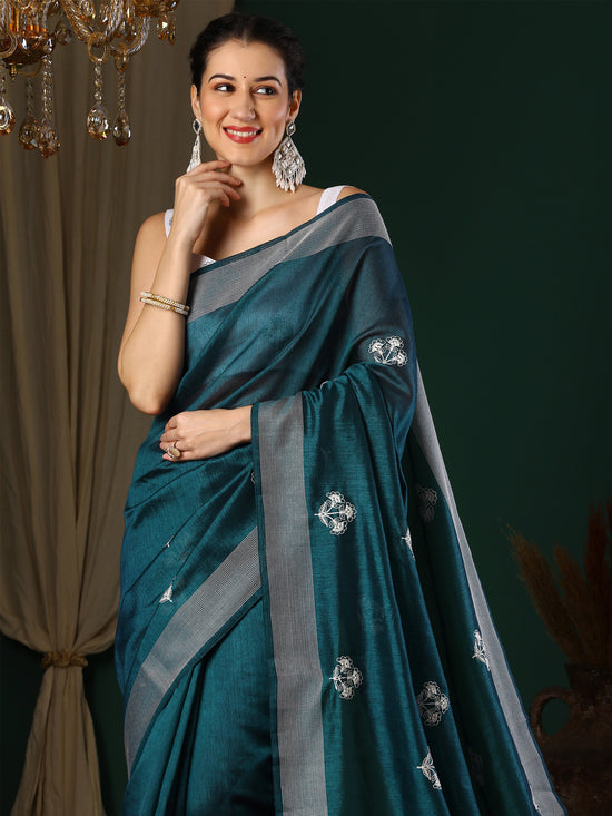 Saree Mall Women's Art  Teal Blue Embroidered Designer Saree With Blouse Piece-26KAVI2601