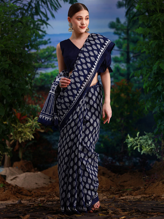 Saree Mall Women's Bhagalpuri  Navy Blue Printed Designer Saree With Blouse Piece-26WOM26903