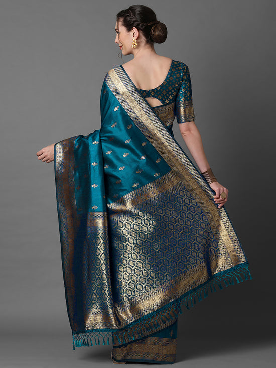 Saree Mall Women's  Blend Blue Woven Design Designer Saree With Blouse Piece-2PAKHI4103D