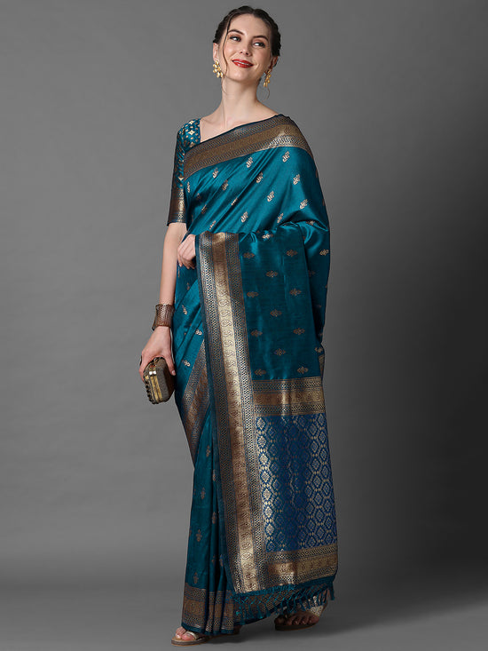 Saree Mall Women's  Blend Blue Woven Design Designer Saree With Blouse Piece-2PAKHI4103D