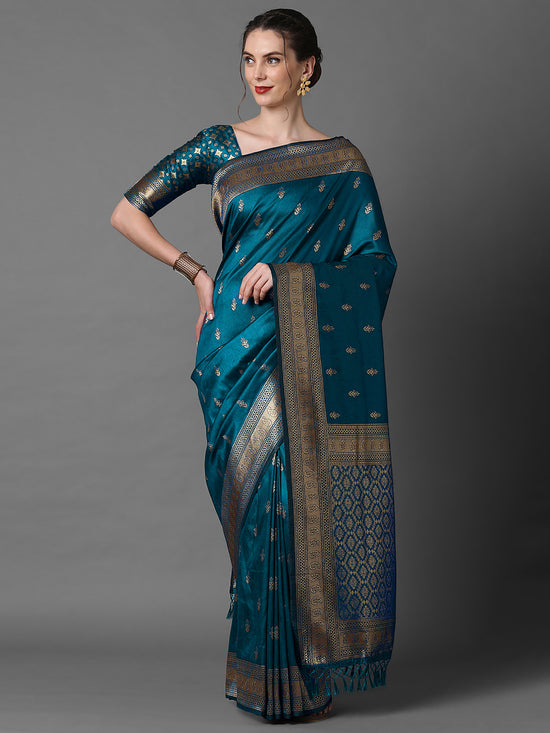 Saree Mall Women's  Blend Blue Woven Design Designer Saree With Blouse Piece-2PAKHI4103D