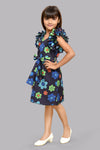 Floral Shift Dress with Ruffle Sleeves -Navy Blue