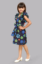 Floral Shift Dress with Ruffle Sleeves -Navy Blue