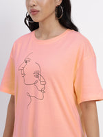 Peach-coloured  T-shirt with abstract face print-SITS0040224