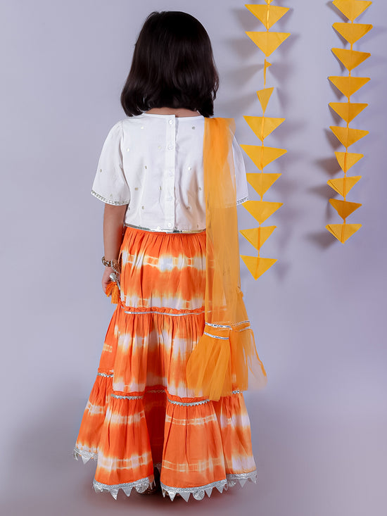 Lil Drama Cotton Tye & Dye Lehanga and Embroidered Choli with Net Dupatta Sets for Girls - White and Orange