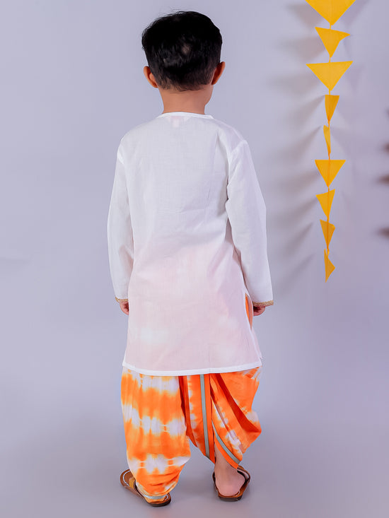 Lil Drama Cotton Embroidered Kurta with Tye & Dye Dhoti Sets For Boys - White and Orange