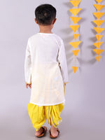 Lil Drama Cotton Embroidered Kurta with Tye & Dye Dhoti Sets For Boys - White and Yellow