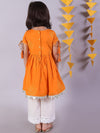 Lil Drama Cotton Embroidered Mull Kurta with Tassles and Pyjama Sets For Girls - Orange and White