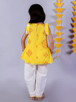 Lil Drama Cotton Embroidered Mull Kurta with Tassles and Dhoti Sets For Girls - Yellow and White