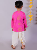 Lil Drama Cotton Embroidered Mull Kurta with Dhoti Sets For Boys - Pink and White