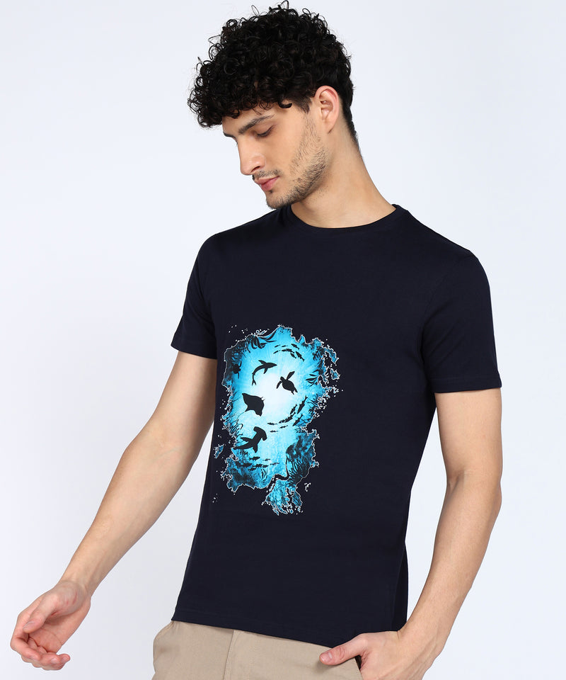 Inviting "Deep into the Ocean" Chest Print Men's Tee-Cotton Jersey