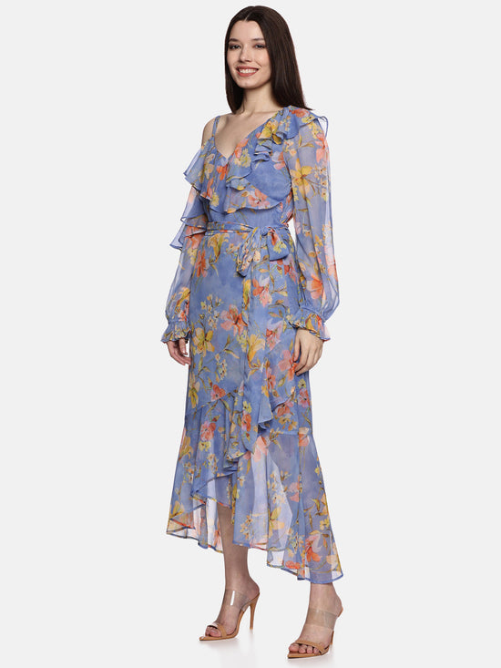 Floral Blue Ruffle Wrap Dress-17393