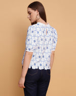 White and Blue Schiffli Embroidery Top-SIRT0030624