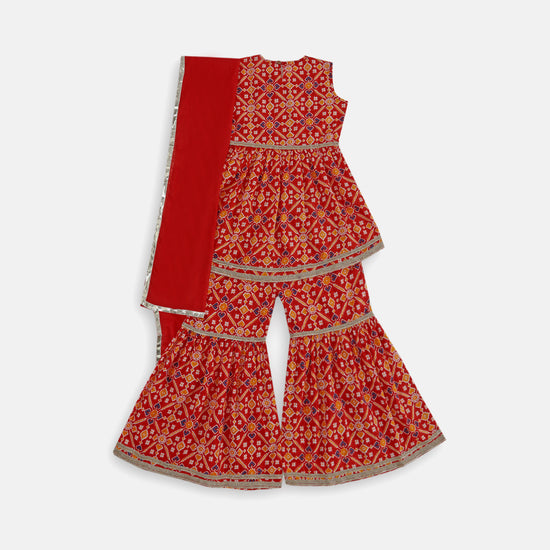 Desi Soota Cotton Kurti Sharara with Dupatta for Girls - Red-M046