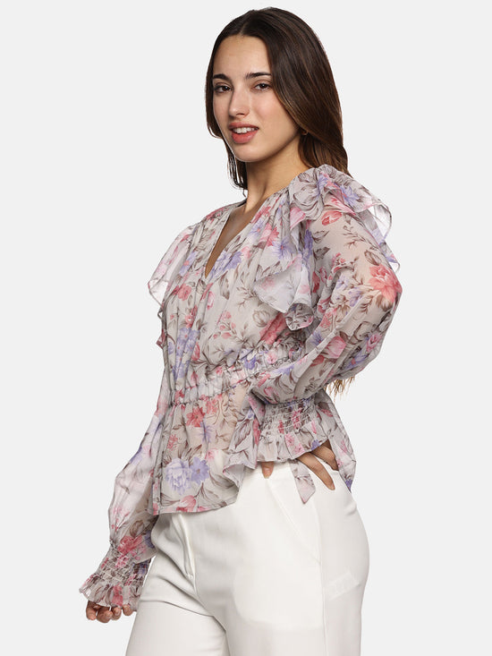 Floral Beige V-Neck Smocked Sleeve Top-17383