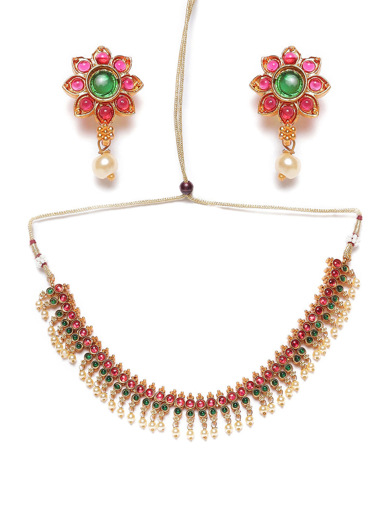 Pink & Green Gold-Plated Stone-Studded & Beaded Handcrafted Jewellery Set