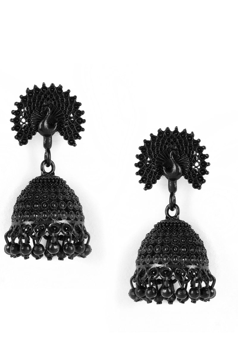 Black Painted Peacock Shaped Enameled Ethnic Jhumka Earrings