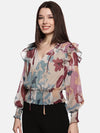 Floral  Abstract Smocked- Sleeve Top-17388