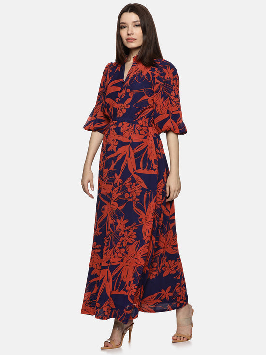 Floral Blue Printed Baloon Sleeve Dress-17373