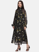 Floral Black Belted Blouson Sleeve Dress-17399