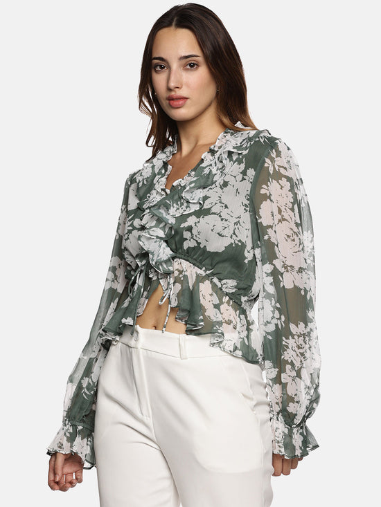 Floral Green V-Neck Blouson Sleeve Top-17416