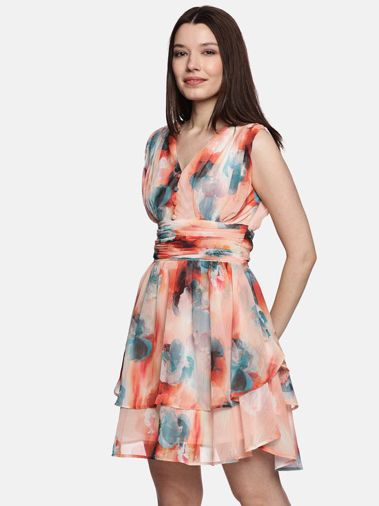 Floral Peach Tiered Dress-17405