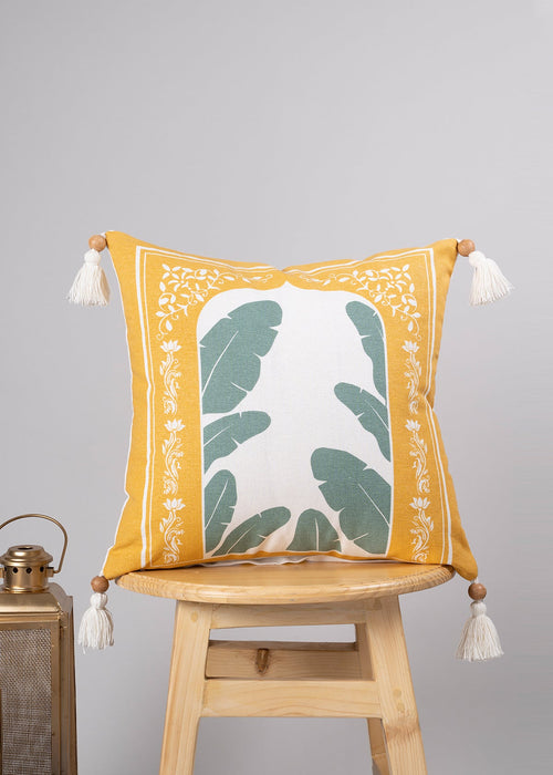 Enchanted Taj 100% cotton decorative ethnic cushion cover for sofa with tassels - Yellow-230454122