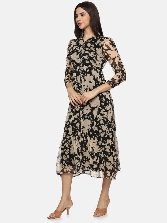 Floral Black Ruched Sleeve Midaxi Dress-17358