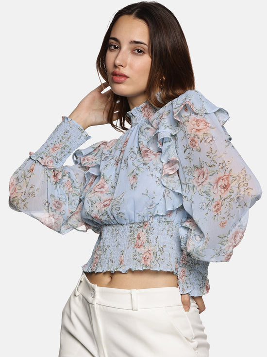 Floral Mutlicolor Gathered Smocked Sleeve Top-17415