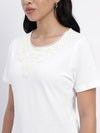 White Regular T-shirt with lace neck accent-SITS0040524